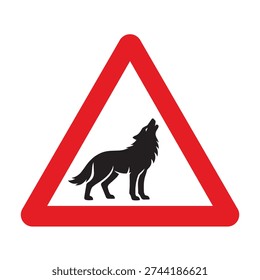 Red triangular wildlife warning sign featuring a howling wolf silhouette in bold black. Clean, high-contrast vector design ideal for forest roads, rural highways, mountain areas, and protected nature zones. Perfect for traffic safety signage, transportation graphics, and environmental awareness materials.