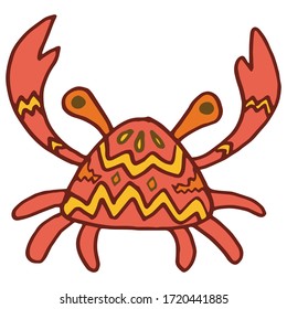 Red tribal crab on white isolated backdrop. Pagurian for invitation and gift card, tattoo parlor or seafood store logo, bath tile. Phone case or cloth print. Doodle style stock vector illustration