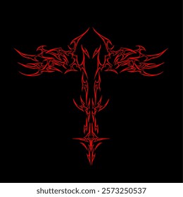 Red tribal cross with intricate and bold ornamental patterns, perfect for tattoo designs, gothic themes, or dark aesthetic artwork. Vector illustration on a black background