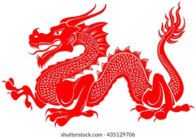 Red Tribal Dragon Tattoo Vector Illustration. Paper Cutout Style.