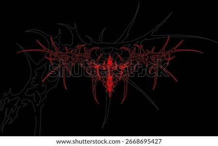 Red tribal gothic vector on black background, dark symmetrical tattoo design perfect for metal band, poster, or apparel.