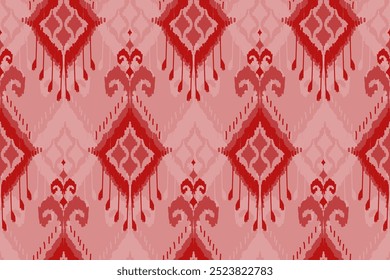 Red tribal style fabric pattern. Ikat ethnic seamless pattern. Aztec ornament print. Design for background, illustration, rug, clothing, carpet, textile, batik, embroidery.