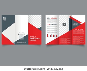 Red trifold brochure with triangles. Creative and Professional tri fold brochure vector design.