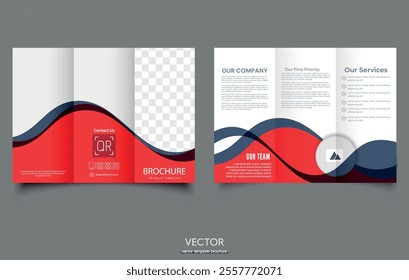 Red trifold brochure with waves. Tri fold brochure design with circle.