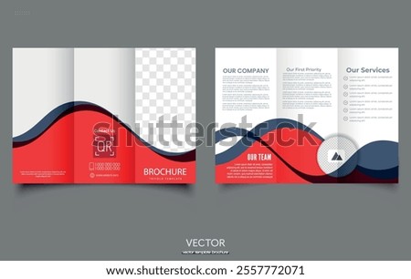 Red trifold brochure with waves. Tri fold brochure design with circle.