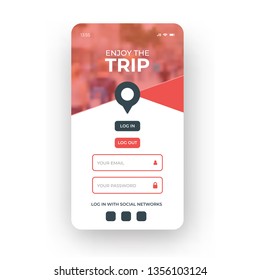 Red trip planning login page mobile application design vector template. Editable red travel app user interface design concept. Modern mobile trip traveling or tourism login UI, UX, GUI screens