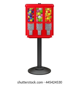 red triple bubble gum ball vending machine with colorful gumballs. vector illustration