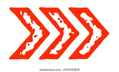 Red triple chevron arrows with intricate textured patterns, ideal for various design projects, vector illustration.