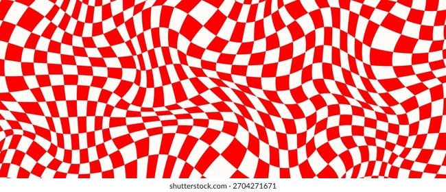 Roter trippiger Schachbretthintergrund. Retro psychedelisch karierte Tapete. Wellenförmige, groovende Schachbrettfläche. Verzerrtes geometrisches Schachgitter-Muster. Abstrakte rot-weiße Flagge Hintergrund. Vektorgrafik