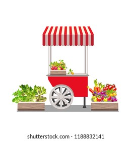 Red trolley for selling food. Boxes with vegetables, lettuce and fruit. Vector illustration.