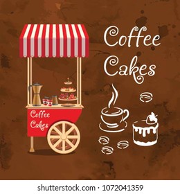 Red trolley with striped canopy for food. Cake with strawberries on a plate. White symbols of coffee and cake with strawberries. Silhouette for menu. Isolated vector icons.