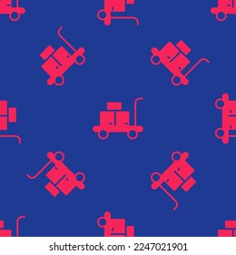 Red Trolley suitcase icon isolated seamless pattern on blue background. Traveling baggage sign. Travel luggage icon.  Vector