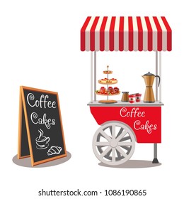A red trolley with wheels and a striped canopy with fast food. Coffee, coffee maker with paper cups and cakes. Menu board. Isolated icons. Vector illustration.

