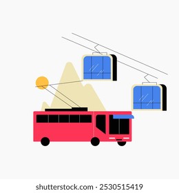 Red trolleybus and cable cars in flat vector illustration symbolizing public transportation, mountain tourism, and urban mobility, isolated on white background.