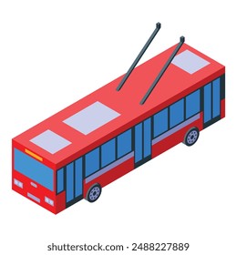 Red trolleybus moving along the lines of big city street isometric view