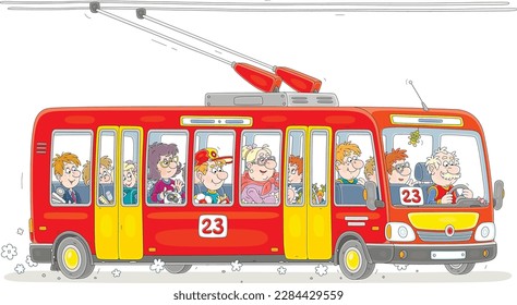 Red trolleybus with a smiling driver and noisy company of funny passengers with their things riding along a city street, vector cartoon illustration isolated on a white background
