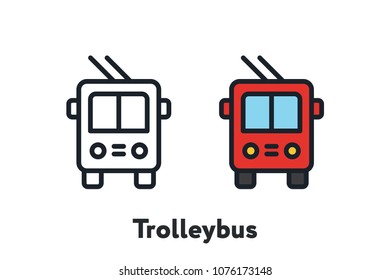 Red Trolleybus Transport Front View Minimal Color Flat Line Outline Stroke Icon