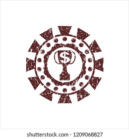 Red trophy with money symbol inside icon inside distress rubber grunge stamp