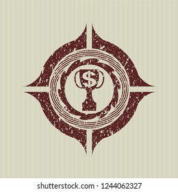 Red trophy with money symbol inside icon inside distress rubber grunge texture stamp