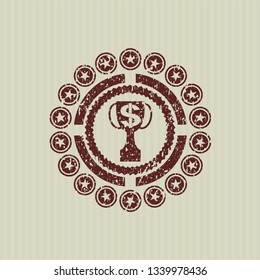 Red trophy with money symbol inside icon inside distress grunge style stamp