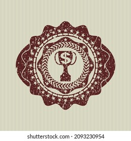 Red trophy with money symbol inside icon inside rubber grunge texture stamp. 