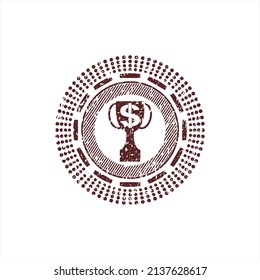 Red trophy with money symbol inside icon inside distress grunge seal. 