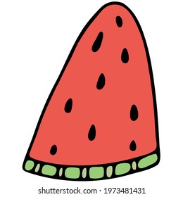 red tropical exotic fruit - watermelon slice with seeds, vector color doodle element with black outline