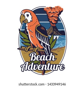 Red tropical exotic wild parrot bird Hawaii summer beach with ocean sea wave and big active volcano on background. Vintage fashion trendy illustration print design clothes t shirt poster badge sticker.