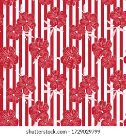 Red tropical floral botanical seamless pattern with striped background for fashion prints, graphics, backgrounds and crafts