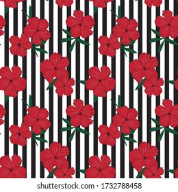 Red tropical floral botanical seamless pattern with striped background for fashion prints, graphics, backgrounds and crafts