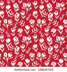 Red tropical floral botanical seamless pattern background suitable for fashion prints, graphics, backgrounds and crafts