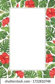 Red tropical flowers and green leaves frame template. Hibiscus floral border with place for text. Vector illustration.