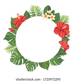 Red tropical flowers and green leaves frame template. Hibiscus floral border with place for text. Vector illustration.