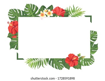 Red tropical flowers and green leaves frame template. Hibiscus floral border with place for text. Vector illustration.