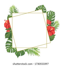 Red tropical flowers and green leaves geometric frame template. Hibiscus floral border with place for text. Vector illustration.