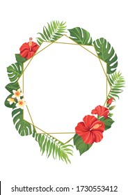Red tropical flowers and green leaves geometric frame template. Hibiscus floral border with place for text. Vector illustration.