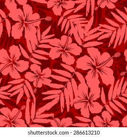 Red tropical flowers silhouettes vector seamless pattern