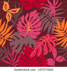Red tropical forest. Seamless tropical pattern with botanical motifs. Aloha textile collection. On brown background.
