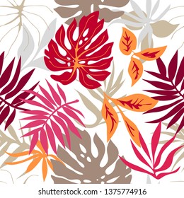 Red tropical forest. Seamless tropical pattern with botanical motifs. Aloha textile collection. On white background.