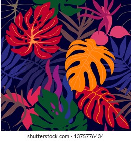 Red tropical forest. Seamless tropical pattern with botanical motifs. Aloha textile collection. On black background.