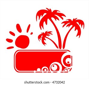 Red tropical frame with palm trees, sun and circles.