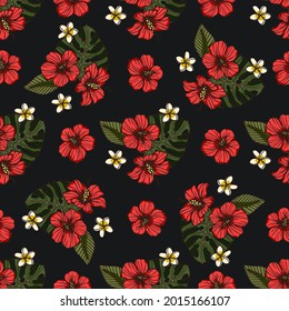 Red tropical hibiscus flower seamless pattern. Nature summer art on a black background. Elegance plant vector hawaii illustration.