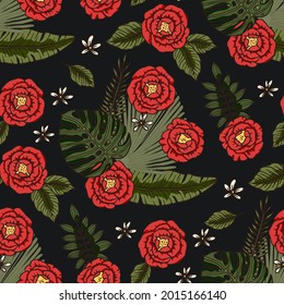 Red tropical hibiscus rose flower and palm monstera seamless pattern. Nature summer art on a black background. Elegance plant vector hawaii illustration.