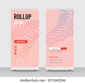 Red tropical leaf Abstract Shapes Modern Exhibition Advertising Trend Business Roll Up Banner Stand Poster Brochure flat design template creative concept. Red tropical leaf Roll Up EPS. Presentation