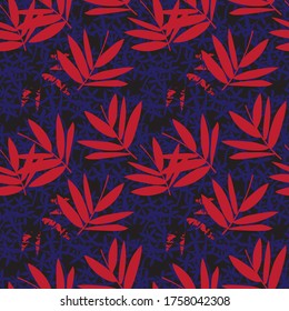 Botanischer, nahtloser Hintergrund aus rotem tropischem Leaf, der für Modedrucke, Grafiken, Hintergründe und Kunsthandwerk geeignet ist