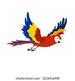 Red tropical parrot flying vector illustration. Colorful bird flapping wings, movements of wings. Ara flying in sky isolated on white background. Animal, motion concept