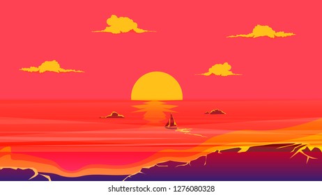 red tropical sunset over ocean and rocky beach, boat sailing to horizon line, vector seascape illustration