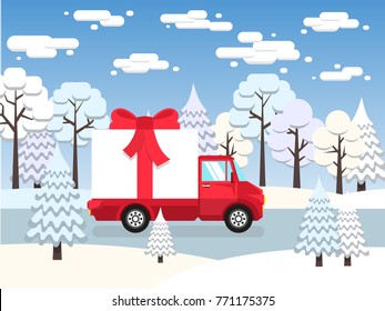 Red truck carries among winter forest huge gift tied with a red bow