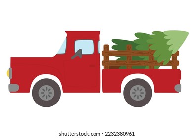Red truck carrying a Christmas tree. Vector illustration isolated on white background.