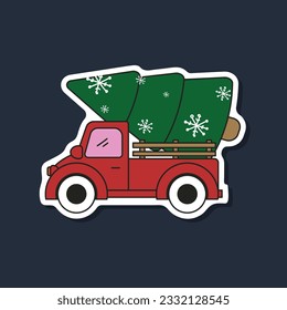 red truck carrying a Christmas tree in cartoon style